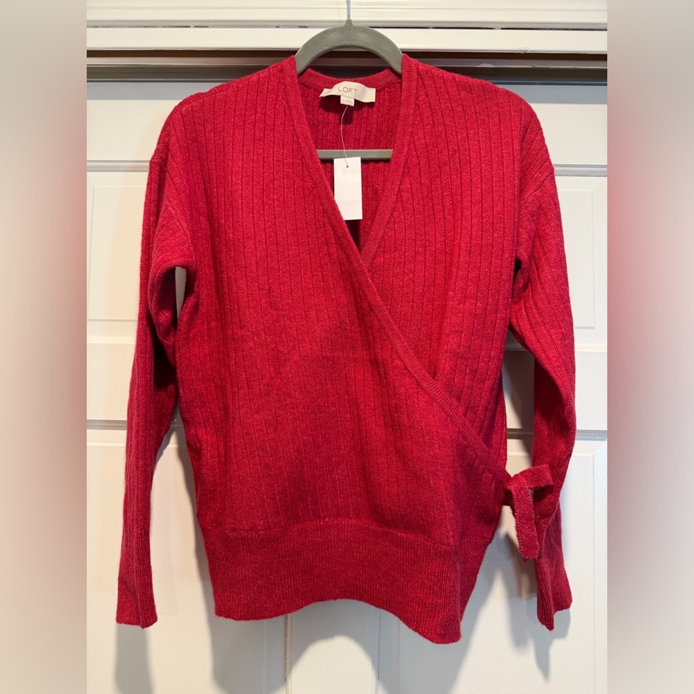 NWT LOFT Ribbed Raspberry Pink Wrap Sweater - Size Small - Picture 3 of 7